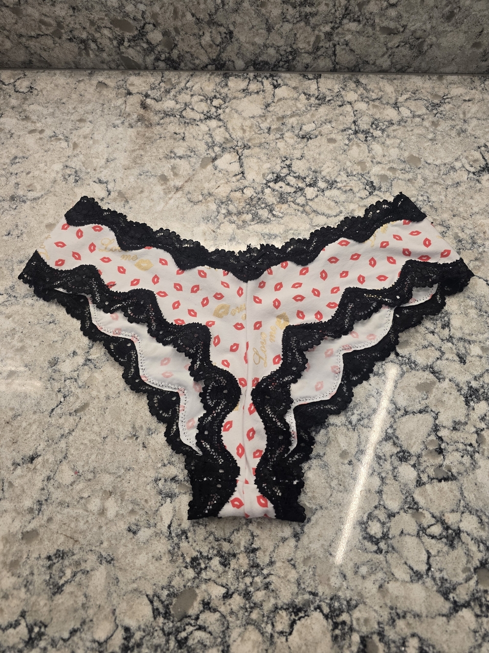 Victoria's Secret White Panties with Red Kiss Print and Black Lace Trim